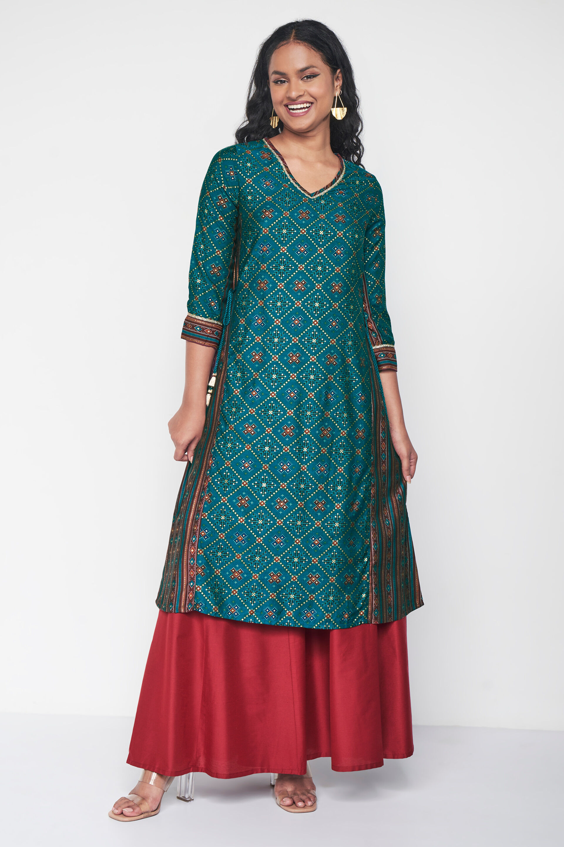 Rishika Geometric Kurta, Teal, image 2